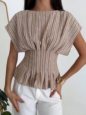 Apricot Casual Women's Striped Short Sleeve Cinched Waist Shirt
